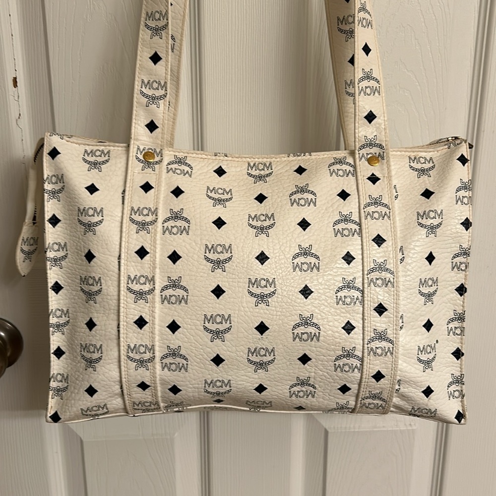 White MCM Visetos Leather Munchen Tote Full Zipper Handmade in Germany 2275A - Picture 2 of 16